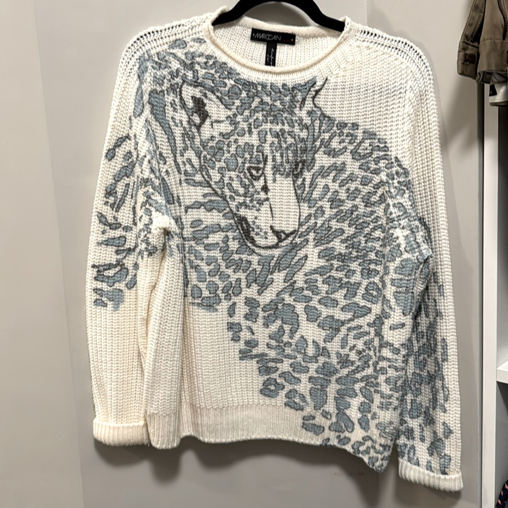 Marc Cain Never Work White and Blue Leopard Sweater